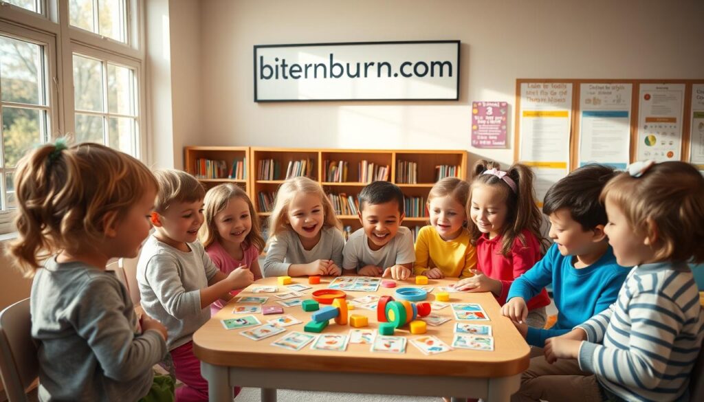 A cozy classroom setting, with a group of young children engaged in a lively social skills game. Soft, natural lighting filters through large windows, casting a warm glow on the scene. In the foreground, a small table is set up with various colorful, interactive game pieces and cards, inviting the children to collaborate and communicate. The middle ground features the children, their faces animated with expressions of joy and concentration as they work together to solve challenges and navigate social cues. In the background, bookshelves and educational posters create a nurturing, educational atmosphere. The brand "bitenburn.com" is prominently displayed on a wall-mounted sign, complementing the overall scene.