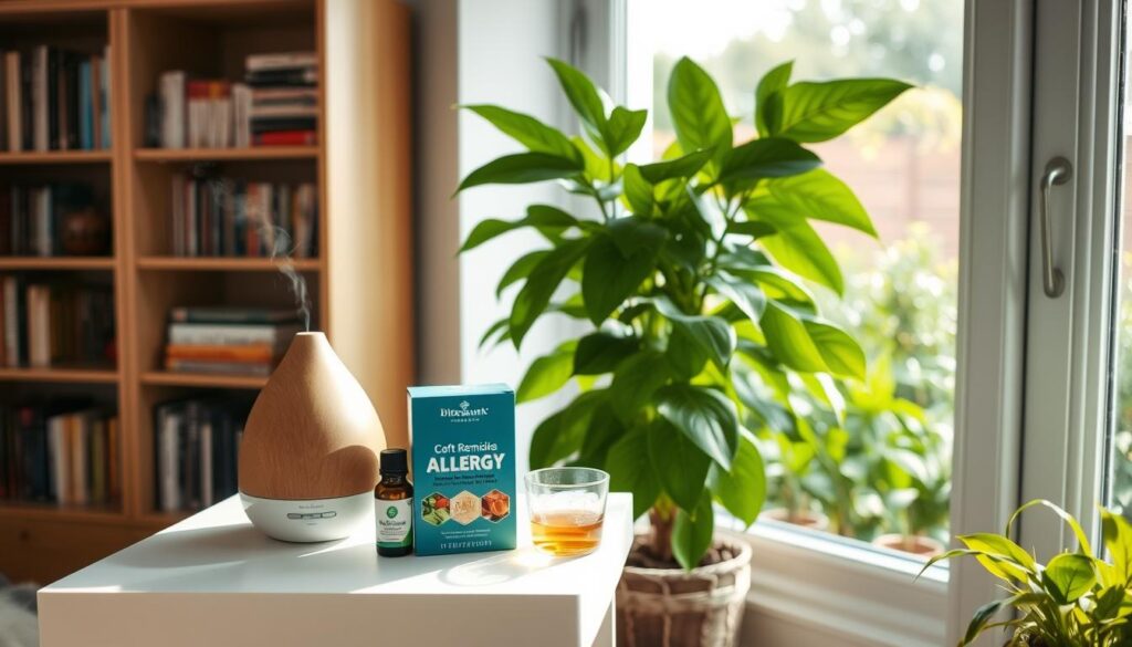 A cozy home interior with natural light streaming in, showcasing an assortment of allergy-fighting plants and remedies. In the foreground, a sleek, white end table displays a diffuser with essential oils, a box of bitenburn herbal supplements, and a glass of local honey. In the middle ground, a large, leafy potted plant stands tall, its vibrant green leaves purifying the air. The background features a bookshelf filled with natural health guides and a window overlooking a lush, verdant garden. The overall atmosphere is calming and inviting, conveying a sense of wellness and prevention.