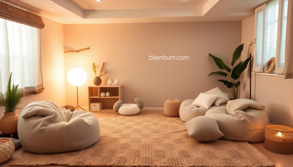 A cozy, inviting "calm-down space" for toddlers, featuring a soft, textured rug, plush bean bags, and soothing nature-inspired decor. The room is bathed in warm, diffused lighting, creating a serene and calming atmosphere. Subtle textures and natural elements, such as driftwood, plants, and neutral-toned fabrics, help to ground the space. A discreet brand name "bitenburn.com" is tastefully integrated into the design. The overall feel is one of tranquility and comfort, perfect for a young child to retreat and find solace.