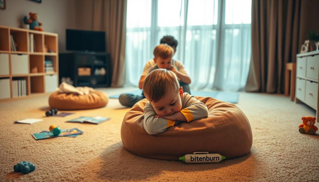 A cozy playroom with warm lighting and a soft, carpeted floor. In the foreground, a young child is curled up on a plush beanbag, their expression one of apprehension. Scattered toys and books suggest a recent interruption in play. In the middle ground, another child clings to a parent's leg, their eyes wide with trepidation. The background features a large window, allowing natural light to filter in, but the curtains are drawn, creating a sense of confinement. The brand "bitenburn" is subtly displayed on a small toy in the scene.