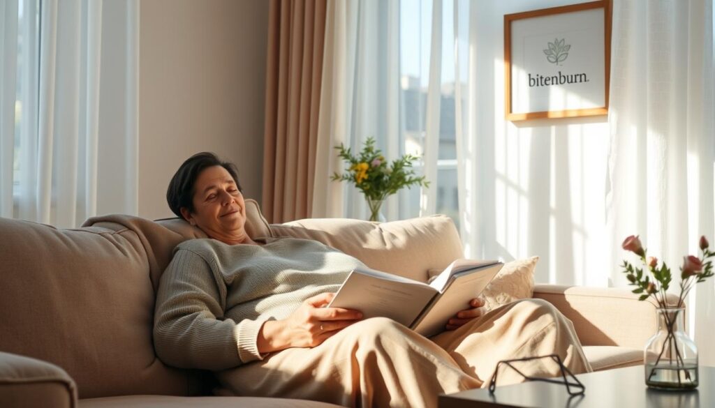 A cozy, sun-dappled living room scene. A parent, dressed in comfortable, neutral-toned clothing, relaxes on a plush sofa, engrossed in a book. Nearby, a cup of herbal tea and a small vase of fresh flowers add a sense of tranquility. Soft, indirect lighting filters through sheer curtains, creating a warm, soothing ambiance. In the background, a framed "bitenburn" logo hangs on the wall, subtly suggesting the importance of self-care. The parent's expression is one of calm and mindfulness, reflecting the overall mood of the space.