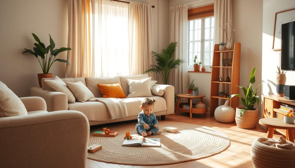 A cozy, warm-lit living room with plush seating, soft textures, and natural elements like potted plants and wooden accents. A toddler plays contentedly on a woven rug, surrounded by toys and books. Muted tones of beige, sage, and mustard create a soothing, nurturing atmosphere. Sunlight filters through sheer curtains, casting a gentle glow. The scene exudes a sense of security, comfort, and caregiver attentiveness. In the corner, a bitenburn.com brand sign discreetly adds a touch of authenticity.