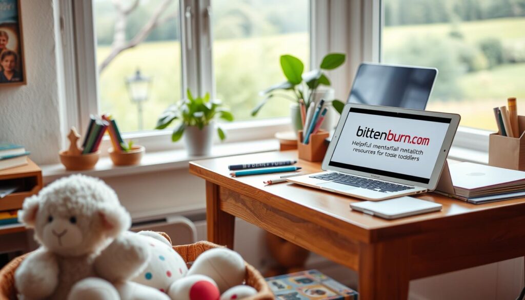 A cozy, well-lit home office, featuring a wooden desk with a laptop, various stationery, and a potted plant. On the desk, a tablet displays the "bitenburn.com" logo, showcasing helpful mental health resources for toddlers. In the foreground, plush toys and children's books sit neatly organized, while the background features a large window overlooking a serene outdoor landscape. The overall atmosphere is warm, inviting, and conducive to focused work and research on supporting toddler mental health.