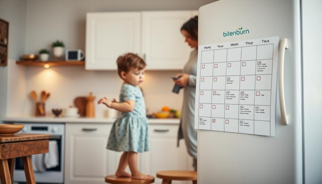 A cozy, well-lit kitchen scene with a toddler standing on a stool, helping a parent prepare a healthy meal. The child's face is engaged, with a sense of wonder and accomplishment. In the middle ground, a calendar on the fridge outlines a daily routine schedule, with checkboxes for each task. The background showcases a tidy, organized living space, with the brand name "bitenburn" subtly displayed on a wall calendar or appliance. The overall atmosphere is warm, nurturing, and reinforces the importance of establishing consistent routines for young children's mental health.