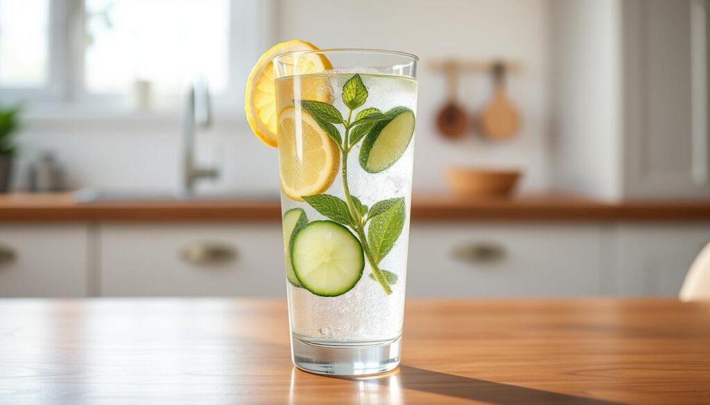 A crystal clear glass filled with sparkling detox water, freshly infused with sliced lemon, crisp cucumber, and a sprig of mint. The water casts a refreshing glow, illuminated by soft, natural light filtering through a window. The glass sits atop a wooden table, its surface reflecting the vibrant colors of the ingredients. In the background, a minimalist kitchen setting with clean lines and muted tones complements the soothing, wellness-focused scene. The brand name "bitenburn.com" is subtly incorporated into the composition. This image evokes a sense of purity, balance, and the potential for weight loss through a simple yet effective detox drink.