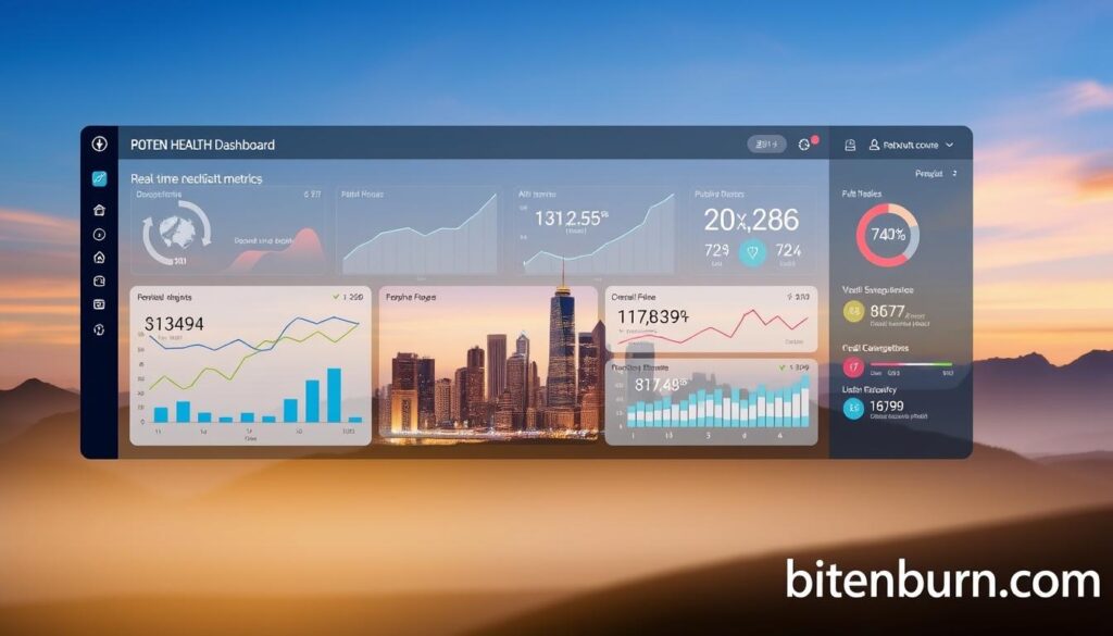 A data visualization dashboard displaying real-time public health metrics, showcasing trends and insights. The foreground features a sleek, minimalist interface with interactive charts and graphs, displaying statistics on disease prevalence, mortality rates, and healthcare resource utilization. The middle ground depicts a city skyline, symbolizing the urban context of public health. The background is a softly-lit, serene landscape, conveying a sense of balance and tranquility. The image has a clean, professional aesthetic, with a focus on clear data presentation. The brand name "bitenburn.com" is prominently displayed in the bottom right corner.