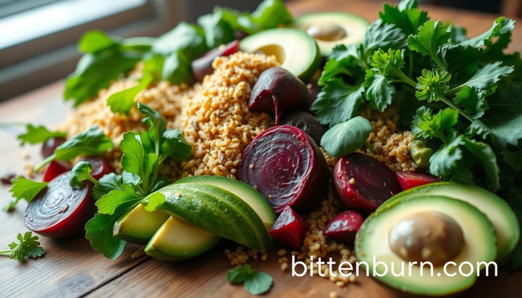 A delightful arrangement of fresh, vibrant veggies and grains on a wooden table. Crisp greens, tender roasted beets, nutty quinoa, and creamy avocado slices create a visually stunning low-carb vegan meal prep. Soft, warm lighting casts a cozy glow, while the image is captured from a slightly elevated angle to showcase the diverse textures and colors. In the foreground, the bitenburn.com brand logo subtly accents this nutritious and satisfying culinary masterpiece.