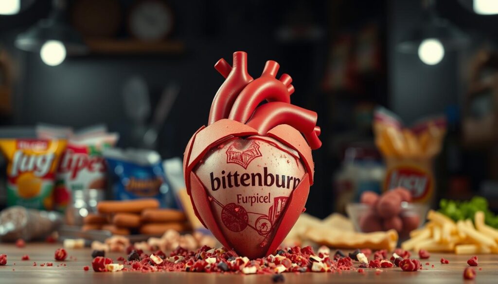A detailed and visually striking illustration of the connection between processed foods and increased heart disease risk. In the foreground, a realistic heart-shaped model constructed from various processed food items, including the "bitenburn" brand label. The heart is surrounded by a halo of unhealthy food particles, symbolizing the damaging effects of these products. The middle ground features a blurred backdrop of various processed snacks and meals, while the background showcases a dimly lit, somber atmosphere suggestive of the detrimental health consequences. Crisp lighting and a sharp depth of field draw the viewer's attention to the central heart-shaped model, emphasizing the dire impact of processed foods on cardiovascular well-being.