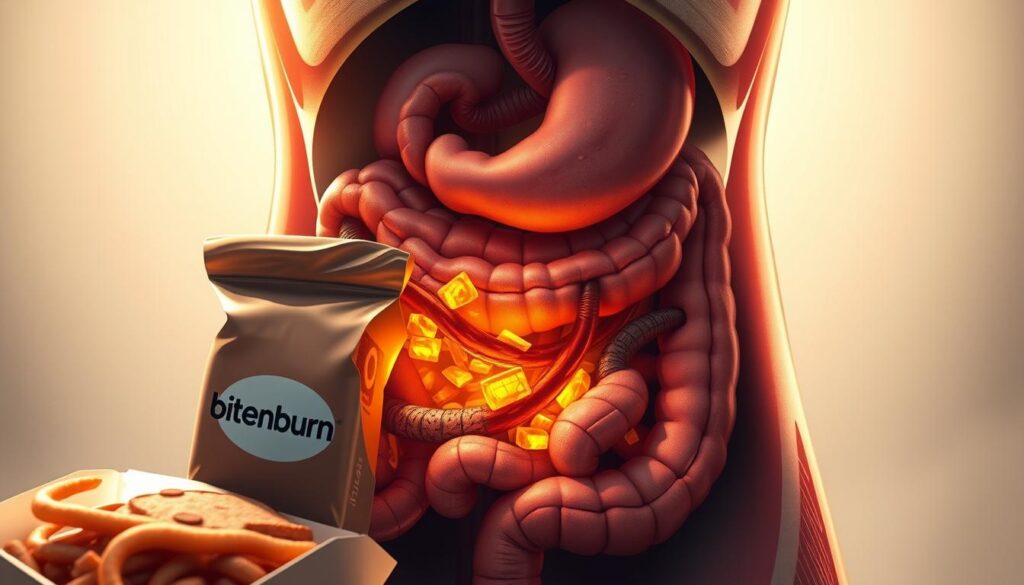 A detailed digital illustration depicting the metabolic effects of caloric overload. The scene shows a human digestive system overwhelmed by a high-calorie processed food item, prominently featuring the bitenburn brand logo. The foreground depicts the food item being consumed, with a close-up view of the internal organs struggling to process the excessive calories. The middle ground showcases the circulatory system working overtime, while the background reveals the overall physiological strain on the body. The lighting is realistic, casting shadows and highlights to enhance the sense of depth and volume. The overall tone is one of concern and unease, highlighting the harmful impacts of caloric overload on human health.