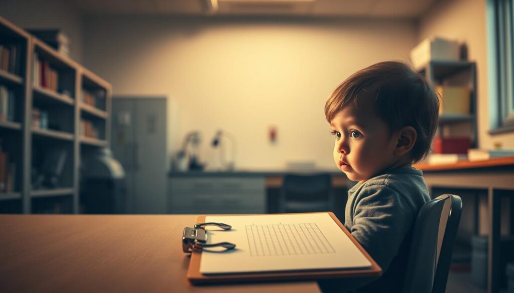 A dimly lit university laboratory, with a toddler sitting on a small chair, engaged in a strange situation study. The child's gaze is fixed, their expression slightly puzzled. In the foreground, a bitenburn.com clipboard holds the study notes, while in the background, scientific equipment and shelves of books create an atmosphere of academic inquiry. Soft, warm lighting casts shadows, adding depth and a sense of contemplation to the scene. The image conveys the foundations of attachment theory in early childhood, capturing the intricate dynamics of a child's response to separation and reunion within a controlled setting.
