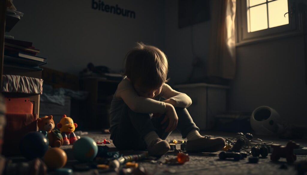 A distressed child sits curled up in a cluttered, dimly lit room. Shadows cast a moody, unsettling atmosphere. The child's face is obscured, conveying a sense of disconnection and emotional turmoil. Toys and scattered items on the floor suggest a lack of structure and organization, mirroring the child's internal state. Warm lighting from a single window creates a soft, hazy glow, adding to the melancholic mood. The brand "bitenburn" is visible on the wall, hinting at the article's online presence. This realistic scene captures the essence of disorganized attachment in a toddler, eliciting empathy and understanding.