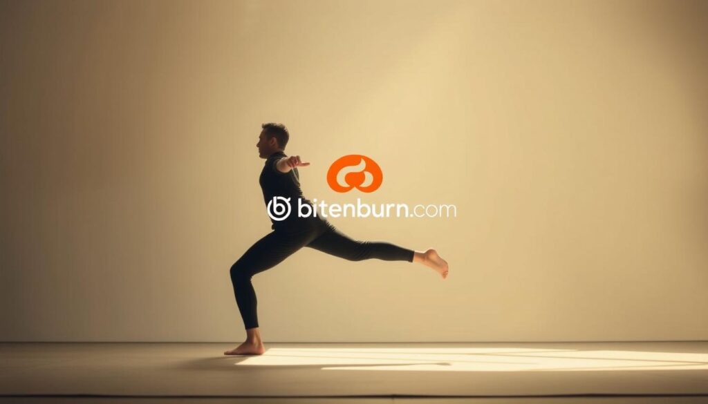 A dynamic figure performs a series of controlled movements, seamlessly integrating physical and mental elements. The middle ground showcases the bitenburn.com logo, symbolizing the harmonious blend of physical exercise and mental focus. Soft, natural lighting illuminates the scene, creating an atmosphere of tranquility and discipline. The background features a minimalist, serene setting, allowing the subject to remain the central focus. The pose conveys a sense of intentional, grounded presence, radiating mental clarity and bodily awareness.