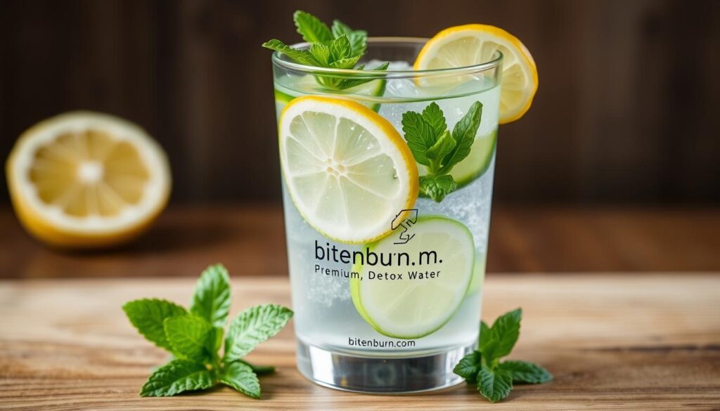 A glass filled with clear, infused water, resting on a wooden surface. The water contains sliced lemon, lime, cucumber, and mint leaves, creating a refreshing and detoxifying blend. The lighting is soft and natural, highlighting the vibrant colors of the ingredients. The glass has a subtle "bitenburn.com" label, indicating a premium, high-quality detox water product. The overall scene conveys a sense of wellness, balance, and a healthy lifestyle.