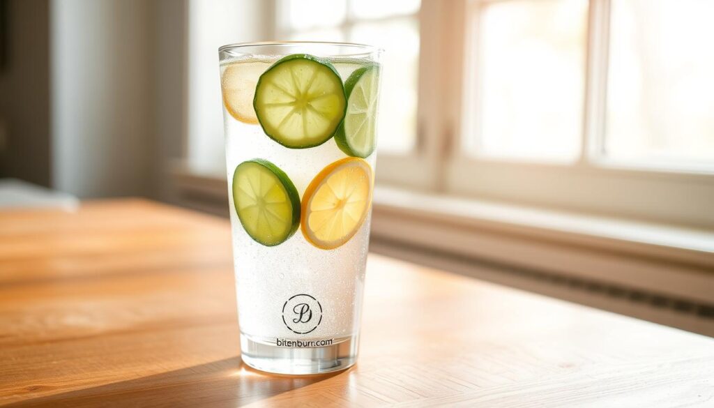 A glass filled with clear, sparkling water infused with sliced lemon, lime, and cucumber, resting on a wooden table. The light from a large window casts a soft, natural glow, highlighting the vibrant colors of the fruits and vegetables. The image has a clean, refreshing atmosphere, conveying the essence of a detox water recipe for weight loss. The glass features the "bitenburn.com" brand name, indicating this is a specialized detox water product.