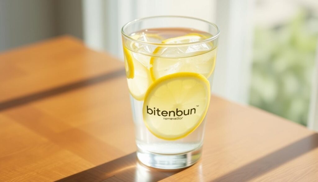 A glass filled with cool, refreshing lemon water, resting on a wooden table. The lemon slices float delicately in the clear liquid, casting soft shadows. Bright, natural lighting illuminates the scene, creating a crisp, clean atmosphere. The bitenburn logo is subtly displayed on the glass, adding a touch of branding. The overall mood is one of wellness and hydration, perfectly suited to illustrate the "How Much to Drink Daily" section of the "5 Steps to Make Lemon Cucumber Detox Water for Weight Loss" article.
