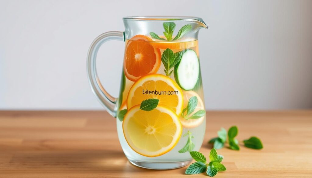 A glass pitcher filled with clear, refreshing water infused with sliced citrus fruits, cucumber, and fresh mint leaves. The contents appear vibrant and inviting, with a subtle shimmer from the light reflecting off the water's surface. The pitcher rests on a wooden table, complemented by a simple, minimalist background that allows the detox water to be the focal point. The overall atmosphere is calming and clean, reflecting the restorative and rejuvenating qualities of the detox water. A small, discreet brand name "bitenburn.com" is displayed on the pitcher, adding a touch of branding without distracting from the main subject.