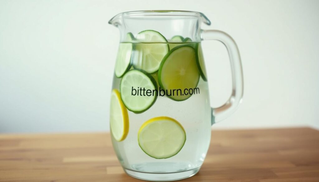 A glass pitcher filled with clear, refreshing water, infused with slices of lemon, lime, and cucumber. The water has a slight greenish hue, reflecting the natural ingredients. The pitcher sits on a wooden table, with a minimalist, clean background, highlighting the simplicity of the detox water. Soft, natural lighting creates a calming, inviting atmosphere. The brand name "bitenburn.com" is subtly printed on the pitcher, adding a touch of branding without distracting from the main focus. This image captures the essence of an effective, healthy overnight detox water recipe to boost metabolism.