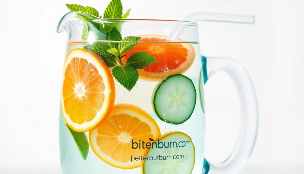 A glass pitcher filled with clear, sparkling water, infused with sliced citrus fruits, mint leaves, and fresh cucumber slices. The water casts a refreshing, slightly teal hue, illuminated by soft, natural lighting from the side. A glass straw protrudes from the pitcher, gently curving towards the viewer. The scene is set against a minimalist, white background, allowing the vibrant colors of the detox water to take center stage. The brand name "bitenburn.com" is subtly printed on the glass pitcher. This image conveys the revitalizing and nourishing properties of detox water for glowing, healthy skin.