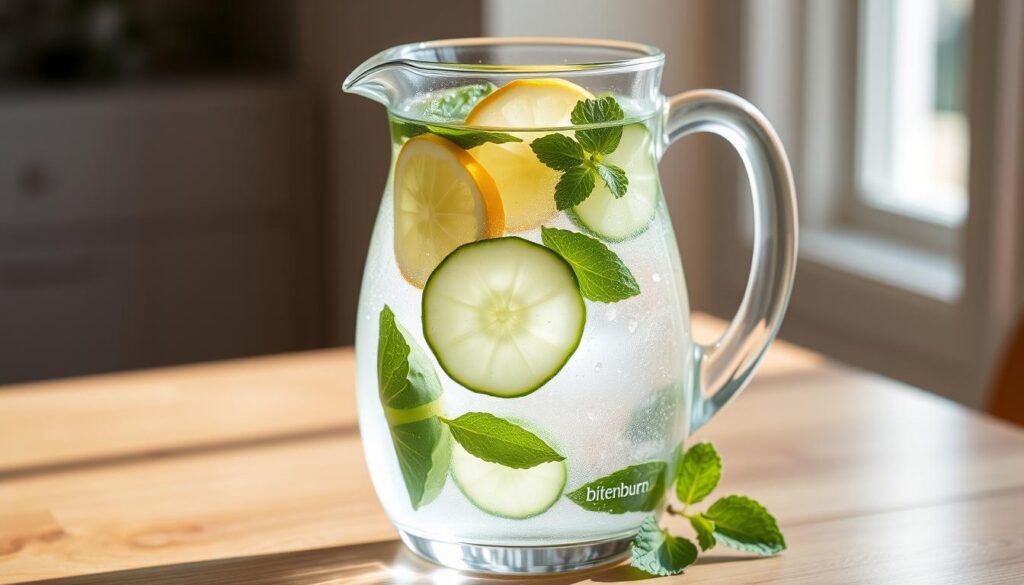 A glass pitcher filled with clear, sparkling water, infused with slices of cucumber, lemon, and mint leaves, resting on a wooden table. The lighting is natural and soft, creating a refreshing, clean atmosphere. The pitcher features the brand name "bitenburn" printed discreetly on the side. The image conveys a sense of purity, hydration, and a healthy lifestyle, perfectly capturing the essence of "Maximizing the Benefits: How and When to Drink" detox water.
