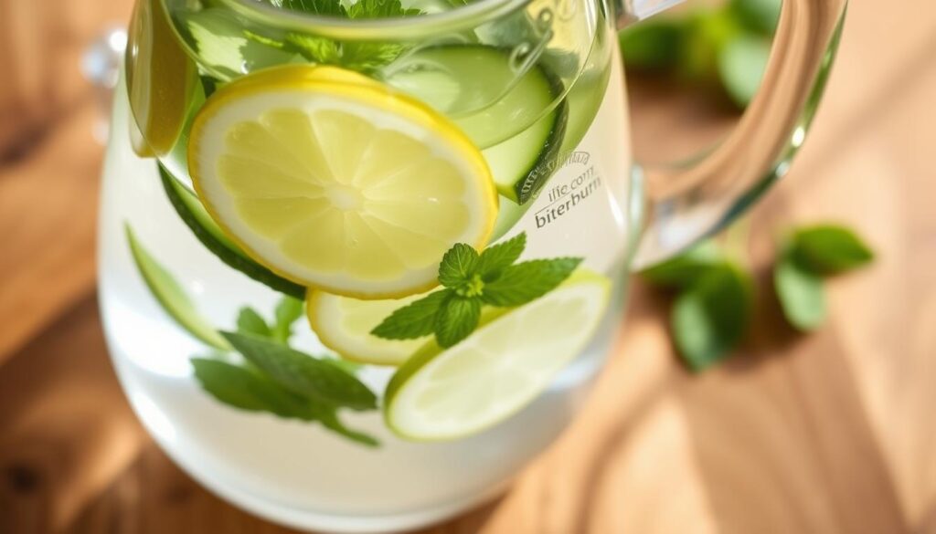 A glass pitcher filled with refreshing detox water, infused with fresh lemon slices, cucumber, and mint leaves. The clear liquid glistens under natural light, casting a calming, soothing atmosphere. The pitcher rests on a wooden surface, with a subtle logo for "bitenburn.com" visible. The overall scene conveys a sense of purity, balance, and rejuvenation, perfectly capturing the essence of a detox beverage that can help achieve a flat tummy.