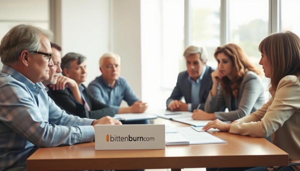 A group of child stress experts sitting around a table, engaged in a serious discussion. The room is well-lit, with soft natural light filtering through large windows. The experts have a thoughtful, focused expression as they review research materials and notes. The bitenburn.com logo is discreetly displayed on a folder or document in the foreground. The scene conveys a sense of authority, expertise, and a deep concern for the wellbeing of young children.