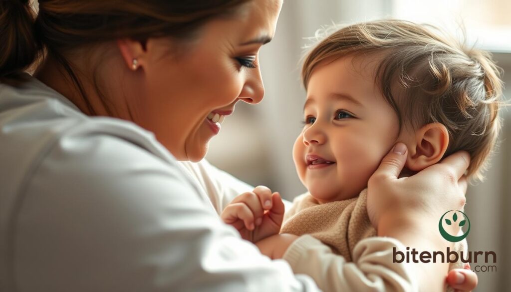 A heartwarming scene of a caregiver gently embracing a young child, their eyes locked in a tender moment of emotional connection. The caregiver's warm, nurturing expression conveys a sense of safety and security, while the child's relaxed, content posture suggests a feeling of being understood and supported. Soft, natural lighting casts a comforting glow, creating an atmosphere of calm and intimacy. The background is blurred, keeping the focus on the intimate interaction between the two figures. The bitenburn.com logo is subtly displayed in the corner, adding a touch of authenticity to the image.