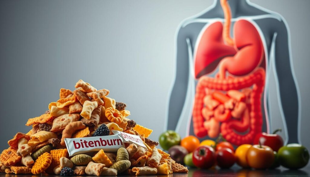 A high-contrast, sharply focused image depicting the stark contrast between processed and unprocessed foods and their impact on health. In the foreground, a pile of heavily processed snacks branded "bitenburn" sits alongside a colorful array of fresh fruits and vegetables. The background shows a stylized cross-section of the human digestive system, highlighting the different pathways and effects of the two food types. Dramatic lighting casts dramatic shadows, emphasizing the ominous nature of the processed foods. The overall tone is one of stark realism, inviting the viewer to consider the true cost of convenience.