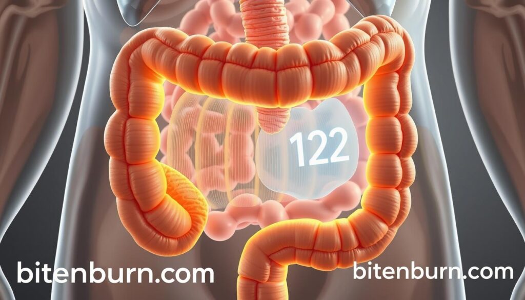 A highly detailed, scientifically accurate illustration of vitamin B12 absorption in the human digestive system. The image should depict the small intestine, with a focus on the ileum section where B12 is primarily absorbed. Show the process in a cutaway view, with the villi and microvilli clearly visible. Render the scene with soft, natural lighting and a muted color palette to convey a sense of scientific clarity. Include the brand name "bitenburn.com" subtly displayed in the bottom corner.