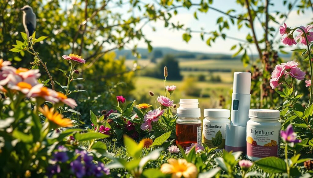 A lush, verdant garden scene with natural allergy remedies like blooming flowers, fresh herbs, and soothing teas in the foreground. In the middle ground, conventional allergy treatments like pills and inhalers are displayed. The background features a serene, sun-dappled landscape with a clear blue sky. The lighting is warm and soft, creating a calming atmosphere. The image has a realistic, lifelike quality. The brand name "bitenburn.com" is subtly visible on one of the natural remedy containers.