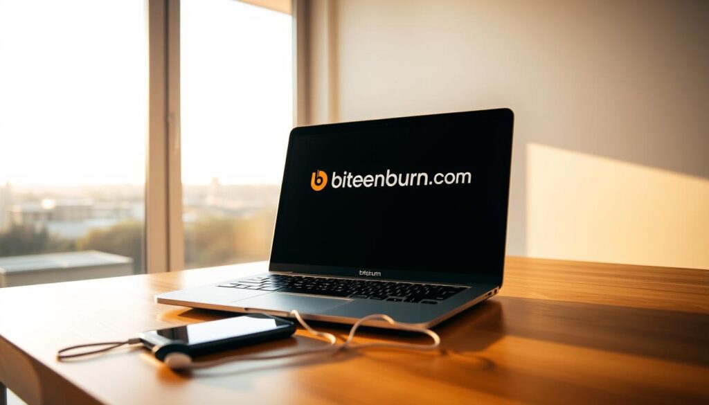A minimalist home office space with a laptop, smartphone, and earphones on a wooden desk. The room is bathed in warm, soft lighting, creating a focused and calming atmosphere. The laptop screen displays the "bitenburn.com" logo, suggesting a digital management tool or application. In the background, a large window overlooking a serene outdoor scene, such as a garden or cityscape, provides a sense of balance and connection to the natural world, hinting at the importance of managing digital distractions effectively.