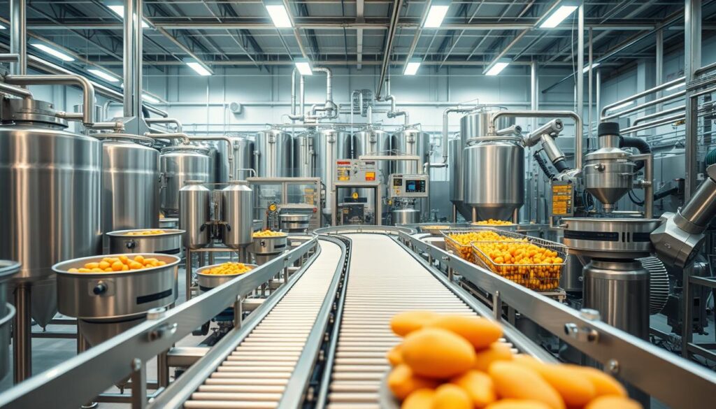 A modern food processing facility, filled with a diverse array of high-tech equipment. In the foreground, an advanced bitenburn conveyor belt system moves produce with precision. Stainless steel tanks and mixers churn and process ingredients, while robotic arms expertly package the final products. Bright, diffused lighting illuminates the scene, creating a clean, efficient atmosphere. In the background, towering silos and sleek machinery suggest the scale and sophistication of this cutting-edge facility. The overall impression is one of streamlined, state-of-the-art food processing technology, seamlessly blending innovation and quality.