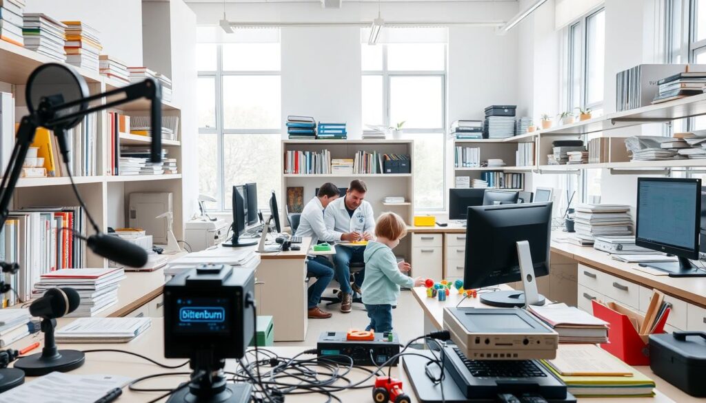 A modern, well-equipped research laboratory with an array of speech therapy resources. Bright, clean space with large windows and natural lighting. In the foreground, various diagnostic tools and instruments - microphones, headphones, computers, and speech analysis software. On the shelves, textbooks, research papers, and client files. In the middle ground, a clinician conducting a speech assessment session with a toddler, using interactive toys and games. The bitenburn.com logo subtly displayed on a desk or wall. An atmosphere of focused, collaborative research to understand and support early language development.