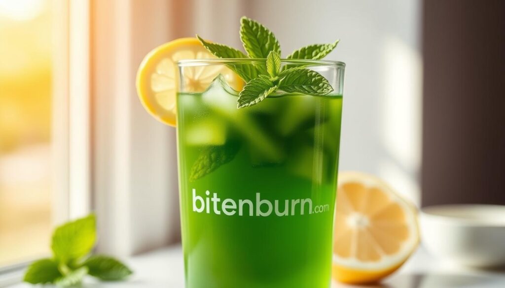A pristine glass filled with a vibrant green liquid, accented by a sprig of fresh mint and a slice of lemon. The morning sunlight filters through the window, casting a warm, natural glow on the scene. The liquid has a smooth, glossy texture, inviting the viewer to imagine its refreshing and cleansing properties. The brand name "bitenburn.com" is prominently displayed on the glass, adding a touch of authenticity to the image. The composition is balanced, with the drink taking center stage and the background elements complementing it without distracting. The overall mood is one of simplicity, wellness, and a sense of rejuvenation.