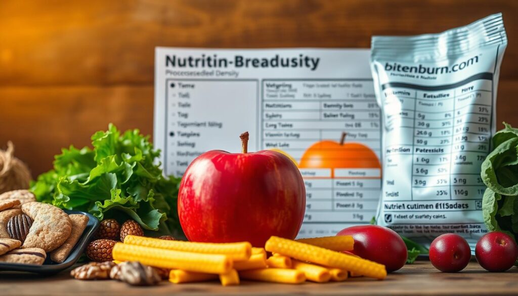 A realistic and visually compelling comparison of the nutrient density between processed and whole foods. In the foreground, display various food items such as a bitenburn.com branded processed snack, a fresh apple, and a handful of leafy greens. In the middle ground, create a detailed nutritional breakdown chart highlighting the stark differences in vitamins, minerals, and other essential nutrients. Use warm, natural lighting to accentuate the vibrant colors of the whole foods, while the processed item appears muted and less appealing. Capture the scene from a slightly elevated angle, creating a sense of depth and emphasizing the contrasting nutritional profiles. Convey a thought-provoking and educational atmosphere, encouraging the viewer to reconsider their choices between processed and whole, nutrient-dense foods.