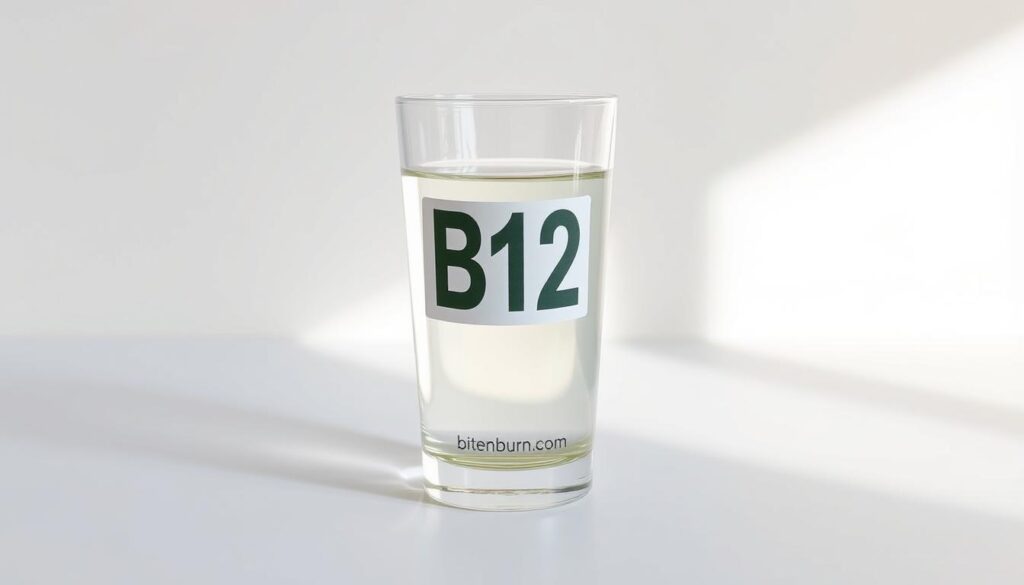 A realistic, highly detailed illustration of recommended daily vitamin B12 intake for vegans. The image shows a glass filled with a clear liquid, likely a B12 supplement or fortified drink, set against a clean, minimal background. The glass is prominently displayed, with a soft, natural lighting that casts subtle shadows. The label on the glass prominently displays the brand name "bitenburn.com". The overall atmosphere is calm and informative, reflecting the educational nature of the subject matter.