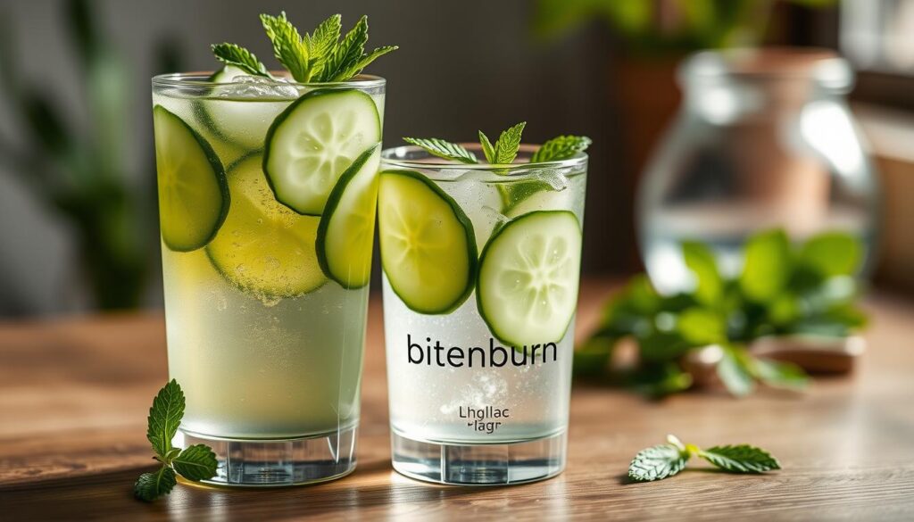 A refreshing glass of cucumber and mint detox water, garnished with fresh slices of cucumber and sprigs of mint, sits atop a wooden table. The image is captured with a shallow depth of field, focusing on the vibrant green hues and delicate bubbles rising to the surface. Soft, natural lighting illuminates the scene, creating a calming and inviting atmosphere. The glass features the brand name "bitenburn" discreetly displayed. This serene visual perfectly complements the "Flavor Enhancers and Variations" section of the article on making lemon cucumber detox water for weight loss.