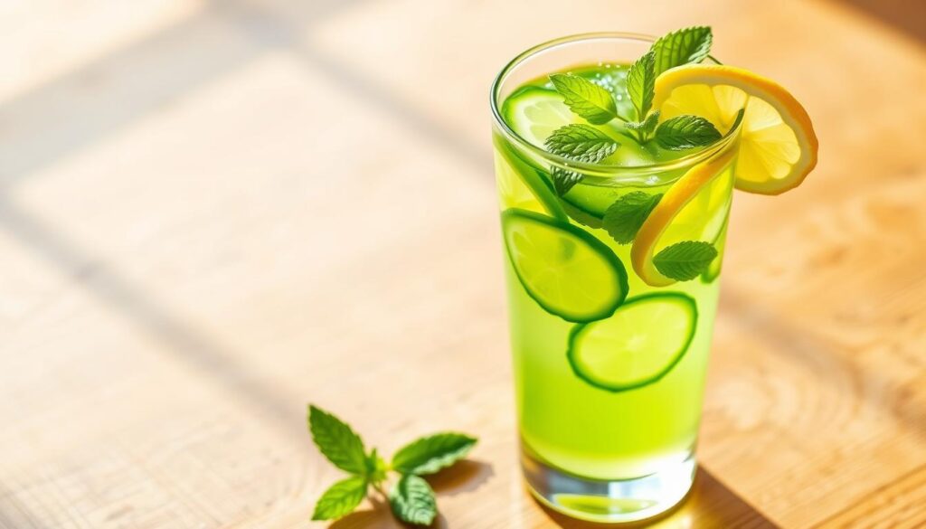 A refreshing glass of lemon cucumber detox water, its vibrant green hue and lemon wedges casting a warm glow in the soft natural light. The glass sits atop a wooden surface, its edges adorned with a subtle "bitenburn" logo. The water's crisp, clean appearance hints at its purifying properties, a centerpiece for the "Detox Water and Your Metabolism" section of the article. Carefully arranged cucumber slices and mint leaves add depth and texture, inviting the viewer to imagine the invigorating taste and aroma. The overall scene conveys a sense of healthfulness and balance, perfectly suited to illustrate the restorative benefits of this simple, yet effective, detox water recipe.
