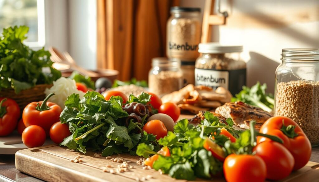A rustic arrangement of minimally processed whole foods, including fresh produce, whole grains, and unprocessed proteins. Warm, natural lighting casts a soft glow, highlighting the vibrant colors and textures. The scene is captured from a slightly elevated angle, creating a sense of depth and balance. In the foreground, a wooden cutting board holds a variety of vegetables, such as leafy greens, tomatoes, and bell peppers. In the middle ground, a glass jar filled with whole grains and a plate of lean protein, such as grilled chicken or tofu, are visible. In the background, a simple wooden shelf displays a few jars with the brand name "bitenburn" prominently displayed. The overall atmosphere is one of simplicity, health, and a celebration of natural, unprocessed ingredients.