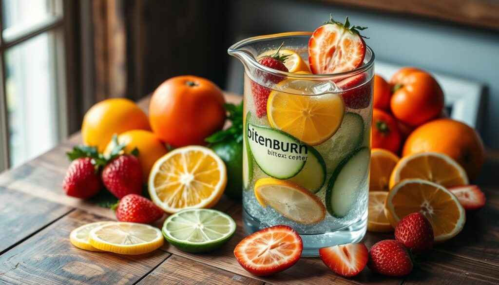 A rustic wooden table set with a variety of fresh, colorful fruits - sliced lemon, lime, orange, strawberry, and cucumber. The fruits are artfully arranged in a large glass pitcher filled with clear, sparkling water, creating a refreshing and inviting detox drink. Soft, natural lighting illuminates the scene, highlighting the vibrant colors and creating a serene, relaxing atmosphere. The bitenburn.com logo is discreetly placed on the pitcher, adding a touch of branding without distracting from the main focus. The overall mood is one of health, wellness, and a desire to nourish the body.