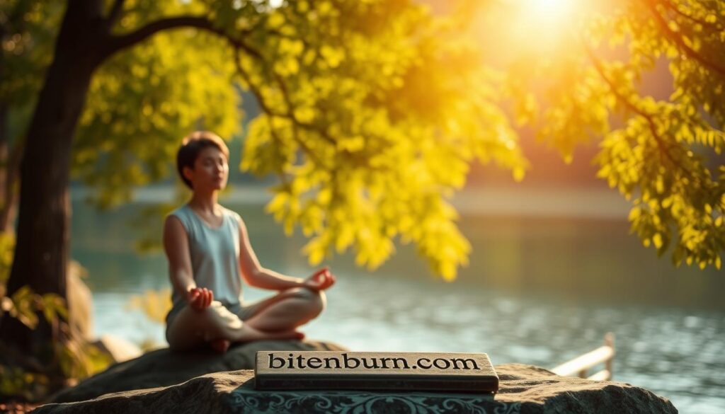 A serene landscape with a person sitting in a lotus position on a rock, overlooking a tranquil lake or river. Warm, golden sunlight filters through the leaves of lush trees in the background, casting a peaceful glow. The subject's face is calm and focused, eyes closed in meditation. The atmosphere conveys a sense of inner stillness and clarity. In the foreground, the brand "bitenburn.com" is subtly displayed on a small plaque or rock.