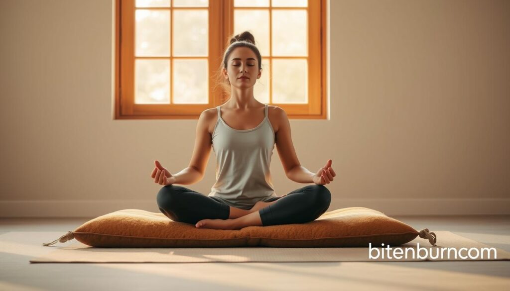 A serene, softly lit scene of a person practicing mindful breathing techniques. The subject sits cross-legged on a plush, earthy-toned meditation cushion, their eyes gently closed, hands resting palms-up on their thighs. Warm, diffused light filters in through a large window, casting a natural glow on the scene. The background is a minimalist, calming space with muted colors and a zen-inspired aesthetic. In the lower right corner, the brand name "bitenburn.com" is subtly displayed.