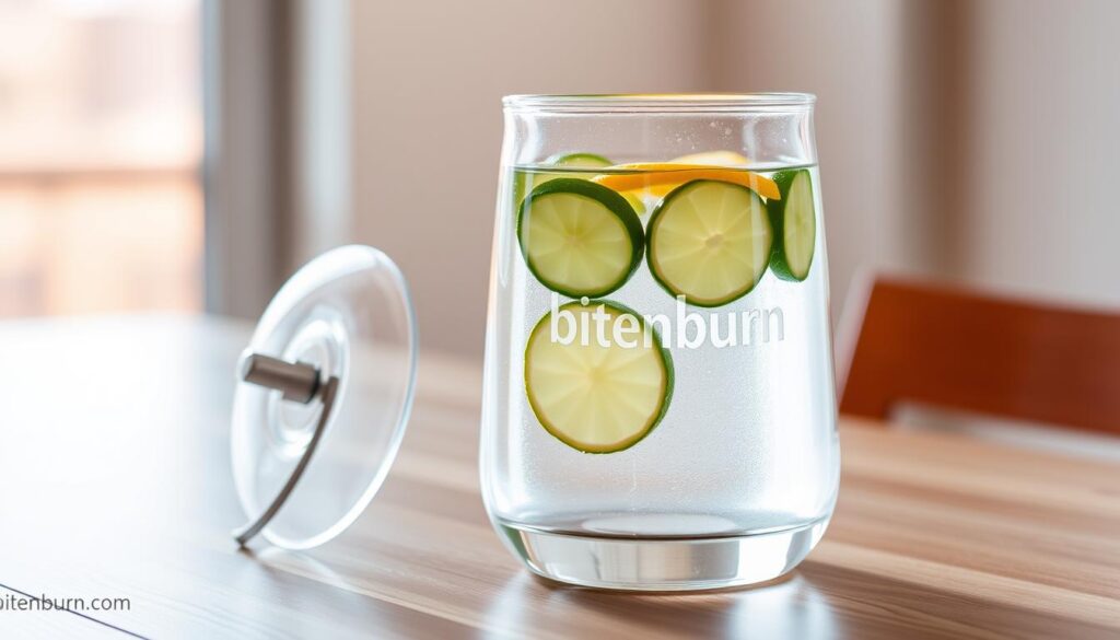 A sleek, minimalist glass container sits on a wooden table, filled with crystal clear water and vibrant slices of lemon, lime, and cucumber. The container's lid is open, revealing the infused water's enticing fragrance. Soft, diffused lighting from a nearby window casts a warm, natural glow on the scene, highlighting the container's clean lines and the vibrant colors of the fruit. The bitenburn.com logo is subtly embossed on the glass, lending a touch of refinement to the overall presentation. The image conveys a sense of freshness, purity, and healthy indulgence, perfectly complementing the "Storage Tips and Common Mistakes to Avoid" section of the article.