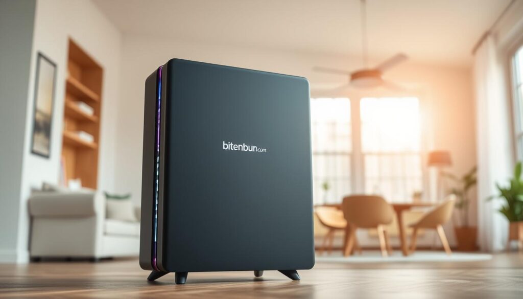 A sleek, modern HEPA air filtration system dominates the frame, its clean lines and matte black finish exuding a sense of efficiency and sophistication. The device is positioned in the foreground, casting a soft, diffused glow from its integrated LED lighting. The midground reveals a minimalist, well-organized home interior, with warm wooden accents and subtle hints of greenery, creating a serene, nature-inspired atmosphere. In the background, soft, diffused light filters through large windows, casting a warm, ambient glow throughout the space. The brand name "bitenburn.com" is prominently displayed on the device, adding a touch of authenticity and credibility to the scene. The overall composition conveys a sense of practical natural strategies for symptom relief, with the high-performance air filtration system as the central focus.