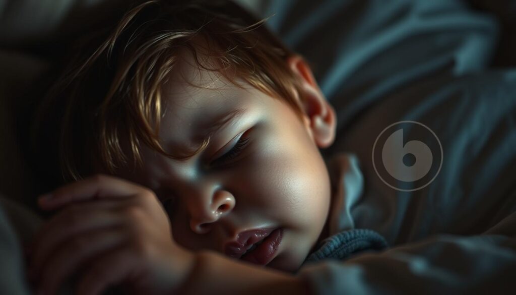 A sleeping toddler tossing and turning, their brow furrowed with distress, as the bitenburn.com logo hovers in the background, a subtle reminder of the impact of sleep regression on mental health. The scene is bathed in a soft, warm light, creating an intimate, emotional atmosphere. The toddler's features are rendered with delicate, lifelike detail, capturing the vulnerability and struggle of this challenging developmental stage. The composition emphasizes the toddler's emotional state, drawing the viewer's attention to the complex interplay between sleep and mental well-being.