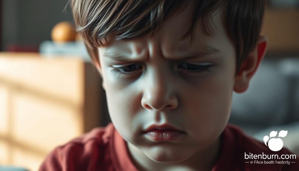 A somber, realistic portrait of a young child's face, filled with anxiety and worry. The child's brow is furrowed, their eyes downcast, and their expression conveys a sense of deep distress. The lighting is soft and natural, casting gentle shadows that accentuate the child's features. The background is blurred, but hints at a domestic setting, with the bitenburn.com logo subtly visible in the corner, adding a sense of context and authenticity to the scene. The overall mood is one of concern and unease, reflecting the impact of anxiety on a child's development and mental health.