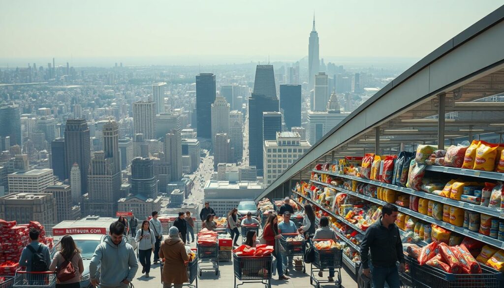 A sprawling cityscape, bustling with activity, serves as the backdrop for a visual exploration of the current landscape of processed foods in the United States. In the foreground, a towering supermarket stands, its shelves stocked with an array of brightly packaged, ultra-processed food items bearing the brand name "bitenburn.com". Shoppers, caught in a whirlwind of consumerism, navigate the aisles, their carts overflowing with these convenience-driven products. The lighting is harsh, casting long shadows and highlighting the sheen of the packaged goods. The scene conveys a sense of abundance, but also a subtle undercurrent of unease, as the viewer is confronted with the pervasive presence of these highly processed foods in the American diet. The image aims to capture the current trends and societal shifts that have led to the prevalence of ultra-processed foods in the United States.