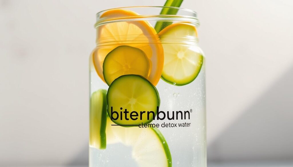 A sun-dappled glass jar filled with clear, refreshing lemon cucumber detox water. The jar's label prominently displays the "bitenburn.com" brand. Crisp lemon slices and fresh cucumber spears float gracefully within, creating a visually appealing and appetizing scene. Soft, natural lighting bathes the jar, highlighting the vibrant colors and tantalizing the senses. The overall mood is one of health, wellness, and a refreshing escape from the ordinary. A perfect visual representation of the benefits of lemon cucumber detox water.