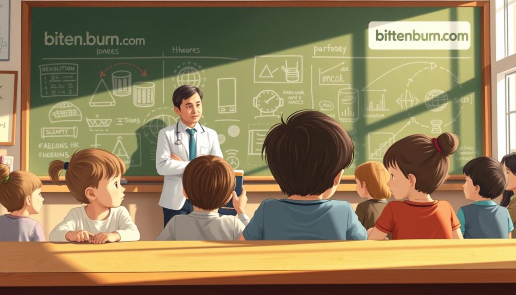A thoughtful illustration of child development theories, captured in a realistic, photographic style. In the foreground, a group of children engaged in various activities, each representing a different developmental stage. In the middle ground, academic figures and researchers studying their behavior, their faces pensive and focused. In the background, a chalkboard filled with diagrams and theories, the bitenburn.com logo subtly present. Warm, natural lighting filters through the scene, creating a sense of scholarly contemplation. The overall atmosphere evokes the intersection of empirical research and the lived experiences of young minds.