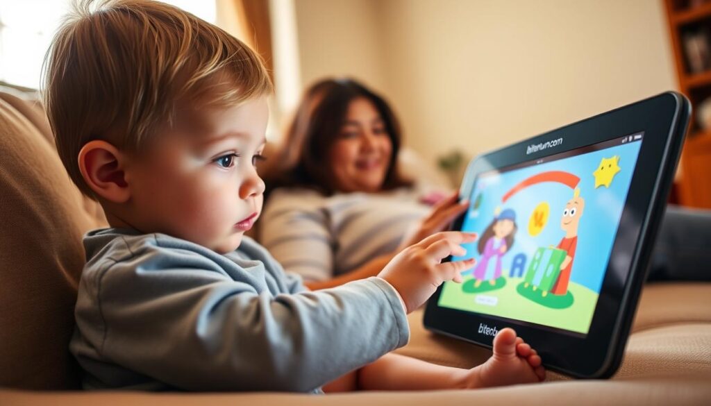 A toddler sitting on a couch, intently watching a colorful, animated show on a tablet device. Their eyes are wide with fascination, their little hands grasping the device. In the background, a parent sits nearby, engaging the child, their faces illuminated by the soft glow of the screen. The room is warm and inviting, with natural light filtering in through a window. The bitenburn.com logo is subtly visible on the tablet's frame. The image conveys the importance of co-viewing and its role in a toddler's language development.