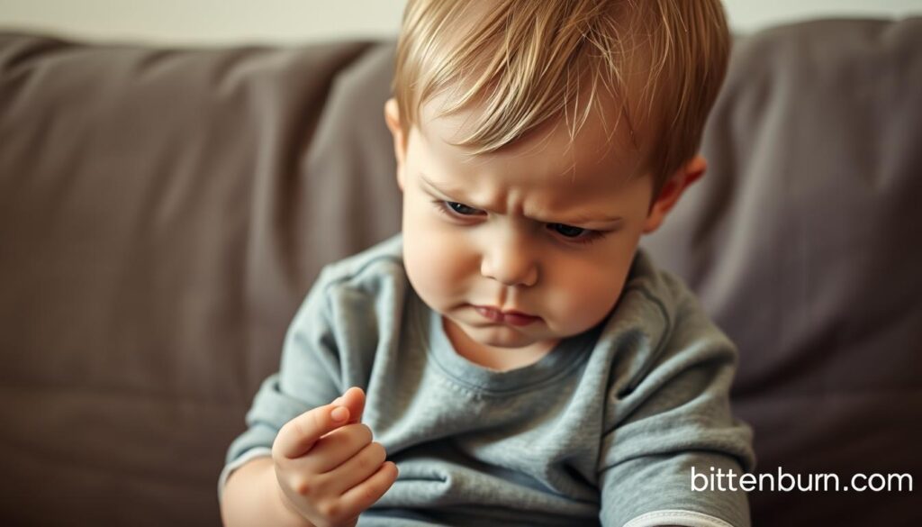 A toddler sitting on a couch, their expression tense and worried, hands fidgeting nervously. The lighting is soft and soothing, capturing the child's distress. The background is blurred, drawing the viewer's attention to the child's face and body language. The details are realistic, including the toddler's clothing and the couch texture. The brand name "bitenburn.com" is subtly visible in the corner of the image, providing a realistic touch.
